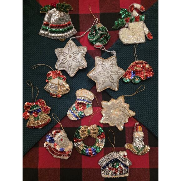 Vintage Christmas Ornaments Sequined & Beaded Handmade Set Of 14 - Picture 1 of 14